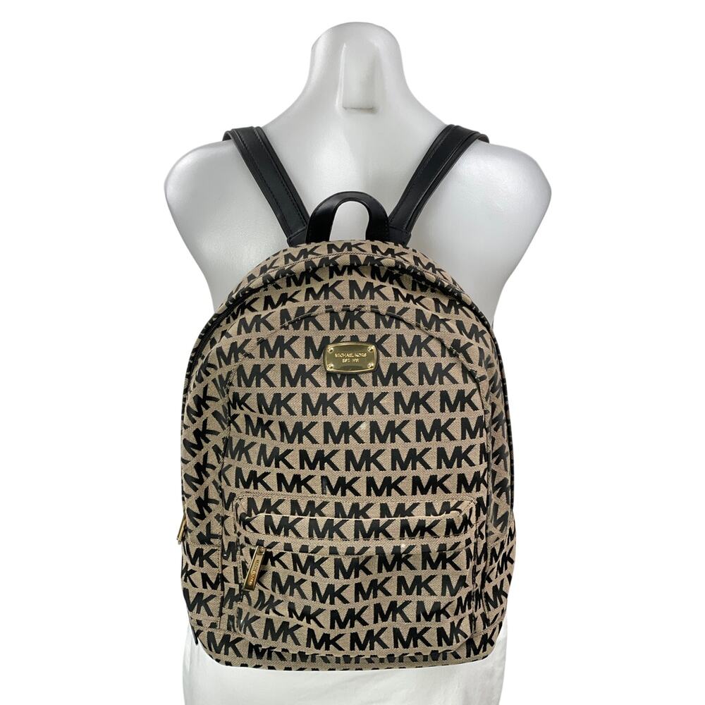 Michael Kors Abbey Beige Black All Over Monogram Logo Canvas Backpack Size OS